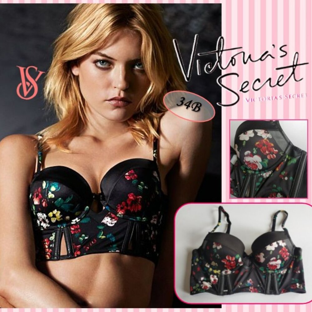 ❤️‍🔥WOW! Victoria's Secret 34B Black🌹Floral & Faux Leather Balconette Bustier